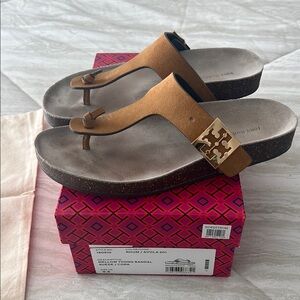 Tory Burch Brown Suede Thong Sandals with Gold Logo
